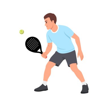 Spor giyimli bir adam tenis oynuyor, raketle topa vurmaya odaklanıyor. Düz vektör çizimi beyaz arkaplanda izole edildi