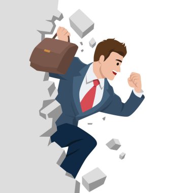 İş adamı bir evrak çantası tutarken duvarları aşıyor. Düz vektör çizimi beyaz arkaplanda izole edildi