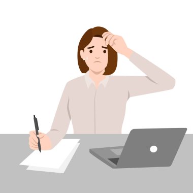 Masada çalışan stresli kadın. Düz vektör çizimi beyaz arkaplanda izole edildi