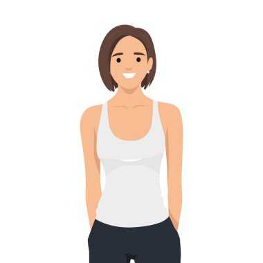 Beyaz Tank Üstlü Gülümseyen Kadın. Düz vektör çizimi beyaz arkaplanda izole edildi