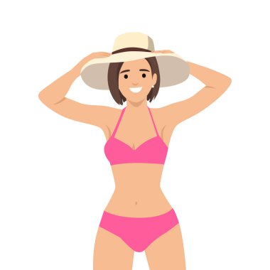 Pembe bikinili bir kadın geniş kenarlı bir şapka takıyor, kollarını kaldırıp, yaz pozunu veriyor. Düz vektör çizimi beyaz arkaplanda izole edildi