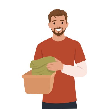 Katlanmış kıyafetlerle dolu sepeti tutan adam ev işlerini ve günlük yaşam tarzını temsil ediyor. Düz vektör çizimi beyaz arkaplanda izole edildi