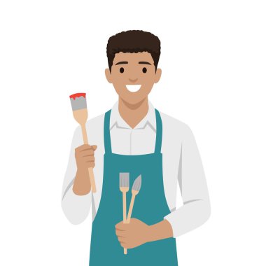 Önlük takan, elinde boya fırçası tutan, yaratıcılığı temsil eden ve resim yapan neşeli bir adam. Düz vektör çizimi beyaz arkaplanda izole edildi