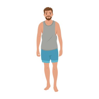 Sakallı bir adam rahat bir ifadeyle yalın ayak ayakta dikiliyor. Düz vektör çizimi beyaz arkaplanda izole edildi