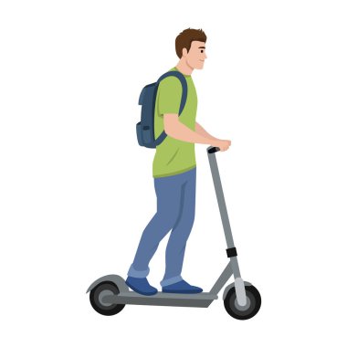 Elektrikli scooter süren sırt çantalı bir adam, şehir yaşam tarzını ve çevre dostu olmayı temsil ediyor. Düz vektör çizimi beyaz arkaplanda izole edildi