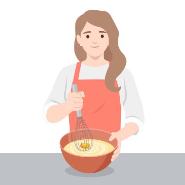 Önlük giymiş bir kadın karıştırma kabında hamuru çırpıyor, yemek yapmayı, pişirmeyi temsil ediyor. Düz vektör çizimi beyaz arkaplanda izole edildi