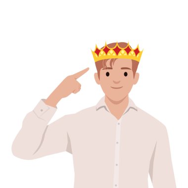 Beyaz tişörtlü bir adam başındaki altın tacı gösterirken özgüvenle gülümsüyor. Düz vektör çizimi beyaz arkaplanda izole edildi