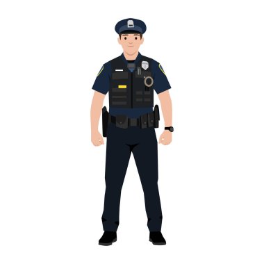 Male Police Officer Standing in Full Uniform. Flat vector illustration isolated on white background