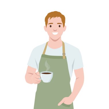 Smiling male barista wearing apron and holding a hot cup of coffee. Flat vector illustration isolated on white background