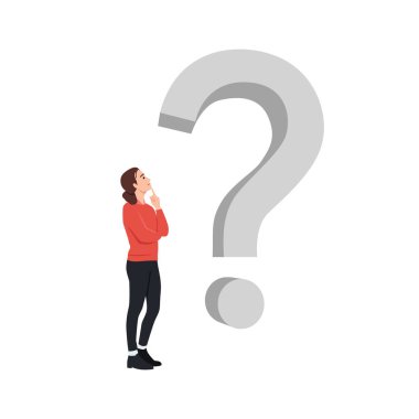 Büyük bir soru işaretiyle duran ve düşünen bir kadın. Düz vektör çizimi beyaz arkaplanda izole edildi