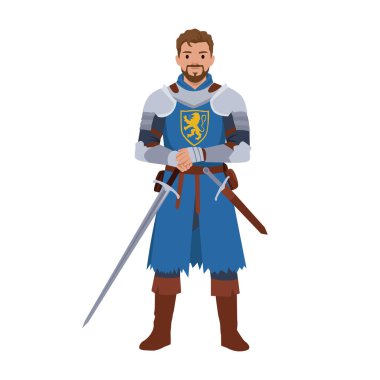 Elinde kılıç tutan Ortaçağ şövalyesi. Düz vektör çizimi beyaz arkaplanda izole edildi