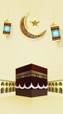Kurban Bayramı Mübarek 'i selamlayın. Qurban Günü. Animasyon El Adha Mübarek kaligrafi Arapça Animasyon Feneri ve Ay ve Kabe Camii Arkaplan Yıldızları