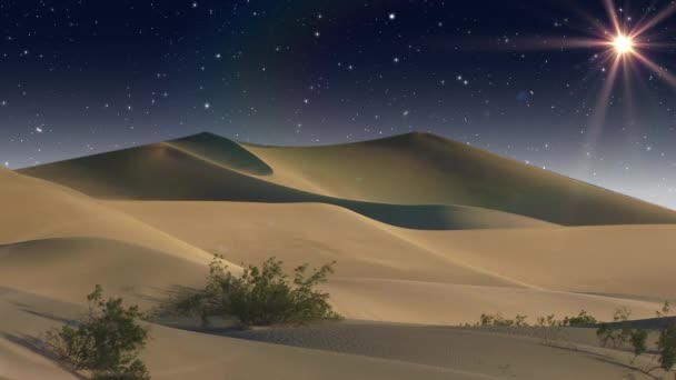 宰牲节 穆巴拉克的问候 Qurban Day 动画Adha Mubarak书法阿拉伯金色文字动画明星与月亮和沙漠背景 — 图库视频影像