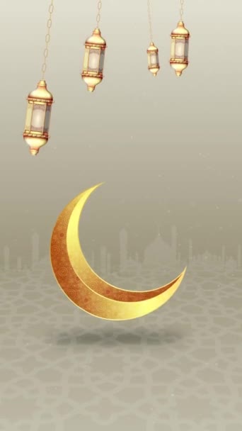 感谢穆巴拉克的问候动画开斋节用阿拉伯语书写 动画灯笼和月亮 动漫清真寺背景 — 图库视频影像