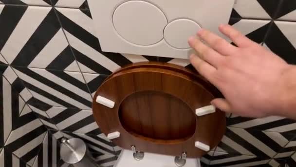 Hand Presses Smaller White Toilet Flush Button Wall Use Stylish — Stock Video