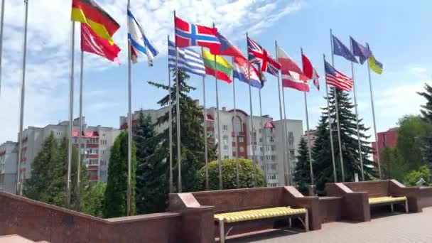 Praça Perto Governo Parlamento Bandeiras Dos Países Mundo Oscilam Vento — Vídeo de Stock