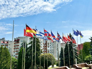 Dünyanın farklı ülkelerinin bayrakları rüzgârda dalgalanırken bayrak direkleri üzerinde yeşil ağaçların arka planına mavi gökyüzüne ve evlere karşı