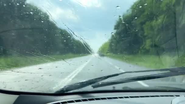 Penyeka Kaca Depan Dinyalakan Pada Kaca Depan Mobil Tengah Hujan — Stok Video