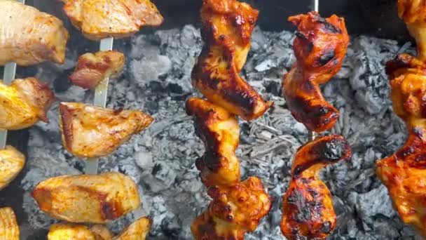 Γυρίζω Καμένο Κρέας Στο Τηγάνισμα Shashlik Μαγειρεμένα Κάρβουνο Χρυσαφί Χρώμα — Αρχείο Βίντεο