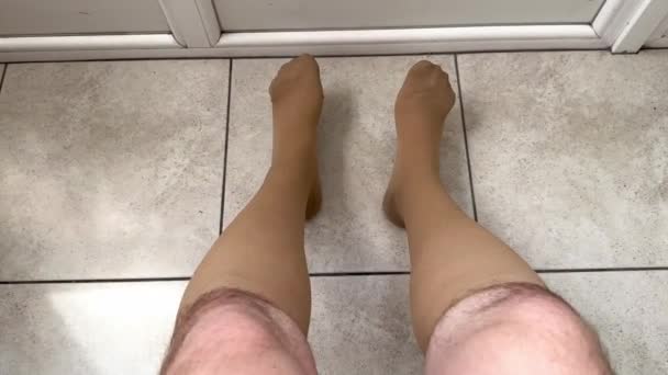 Man Hairy Legs Dressed Knee High Compression Stockings Avoid Varicose — Stock Video