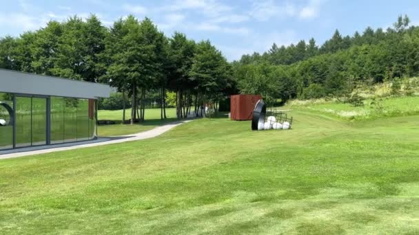 グラスモダンなゴルフクラブビルディングとホワイトゴルフボールは 晴れた夏の日に緑の草の上のバスケットにあります ゴルフをする場所 — ストック動画