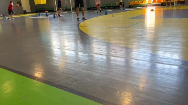 一支儿童篮球队正在大厅的场地上训练 学童的篮球课 白人儿童篮球运动员 — 图库视频影像