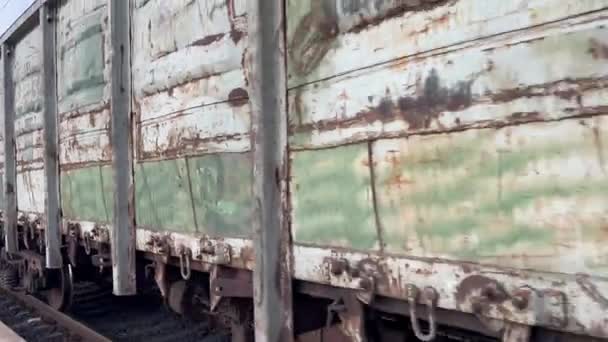 Egy Vasúti Pályaudvaron Vaskonténeres Tehervonat Látványa Egy Tehervonat Halad Kamera — Stock videók