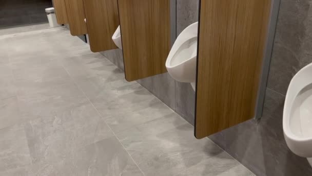 Row White Ceramic Urinals Separated Wooden Partition Closed Cubicles Doors — Stock Video