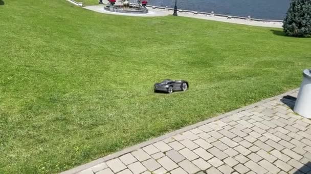 阳光明媚的一天 一台自动割草机在池塘边一个风景如画的花园里割草 一台自动割草机在院子里割草 — 图库视频影像