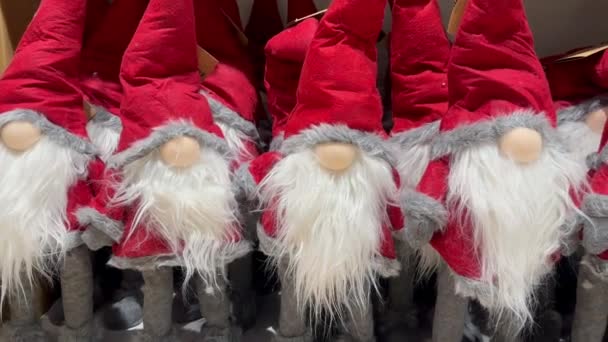 许多头戴红色锥形帽子 头戴白色胡须的精灵排成一排 彼此相邻 童话般的侏儒兄弟除夕之夜 一只红色的圣诞小精灵装饰房屋 圣诞快乐 新年快乐 — 图库视频影像