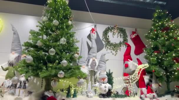 家のための装飾とクリスマスフェア クリスマスギフトショップ 新年のインテリア スノーマン エルフ プノン 店のカウンターのクリスマスの装飾 — ストック動画