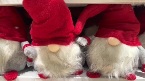 一群戴着红帽子的圣诞软精灵在商店货架上 圣诞家居装饰 许多神奇的玩具侏儒 新年礼物 — 图库视频影像