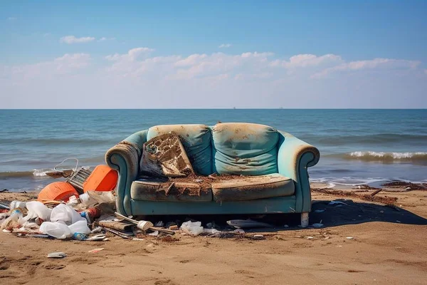 An old sofa and trash thrown on the ocean beach. Pollution concept.