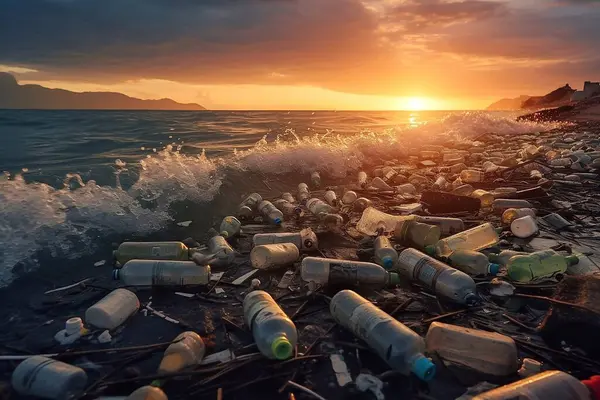 Plastic bottles on the beach at sunset. Pollution concept.