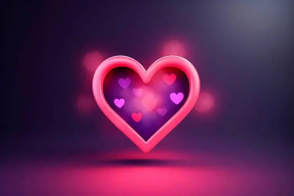 Illustration of pink heart with neon lights on a dark background. Valentine\'s day background with glowing heart.