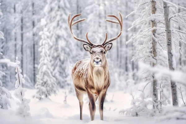 Fallow deer in the winter forest. Wild animal in winter forest.