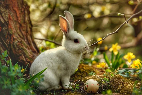 A white rabbit with an Easter egg in the garden against a background of yellow daffodils. Happy Easter.