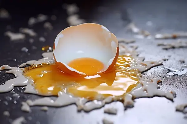 A cracked egg with its shell on a black heated pan. Close up