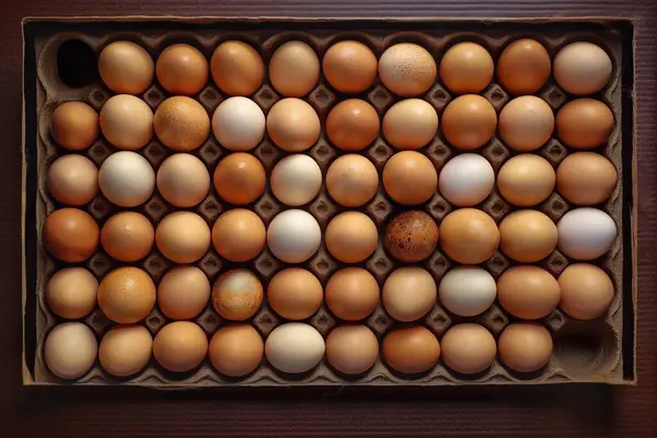 Chicken eggs in a cardboard box with a wooden background. Top view. Eggs in an egg box as a background.