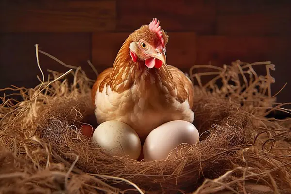 Chicken and eggs in the nest on a wooden background. Easter concept.