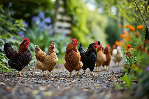 Group of hens in the garden. Rural scene with chickens.