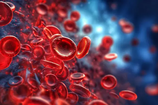 Blood cells flowing through vein. Red blood cells in high detail. Concept of medical background