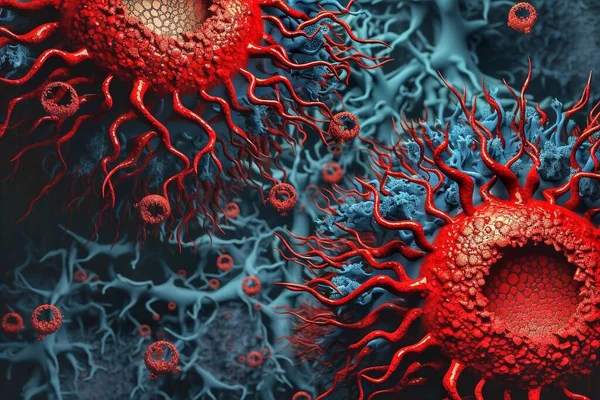 Red virus cells over dark background with copy space, medical concept