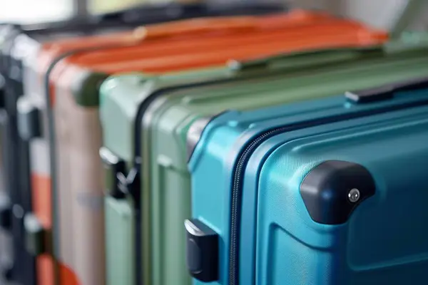 stock image Colorful travel suitcases in a row, close-up.