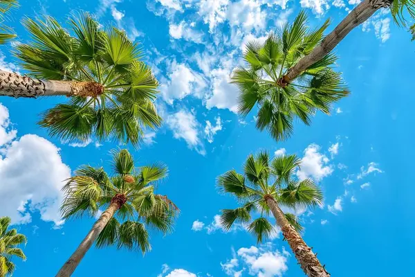 Arka planda mavi gökyüzü ve beyaz bulutlardan oluşan palmiye ağaçları. Tropik arkaplan.
