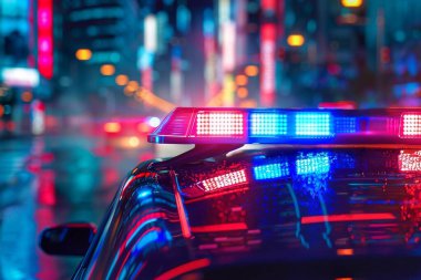 Gece vakti çatıda yanıp sönen kırmızı ve mavi ışıkları olan polis arabası.