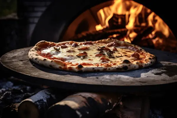 Taze pişmiş pizza margherita ahşap fırının önündeki bir taşın üzerinde dinleniyor.