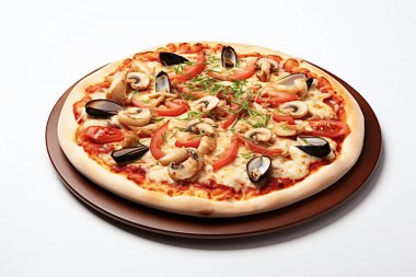 Tasty seafood pizza with shrimps, mussels, tomatoes and cheese on wooden plate clipart