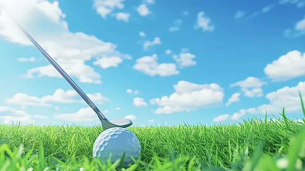 Golf sopası, güzel mavi gökyüzü ve kabarık beyaz bulut arkaplanı olan iyi korunmuş yeşil çimen alanındaki bir golf topuna vurmak için konumlandırılmış.