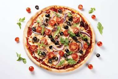 Domatesli, mantarlı vejetaryen pizza ve beyaz arka planda siyah zeytin.